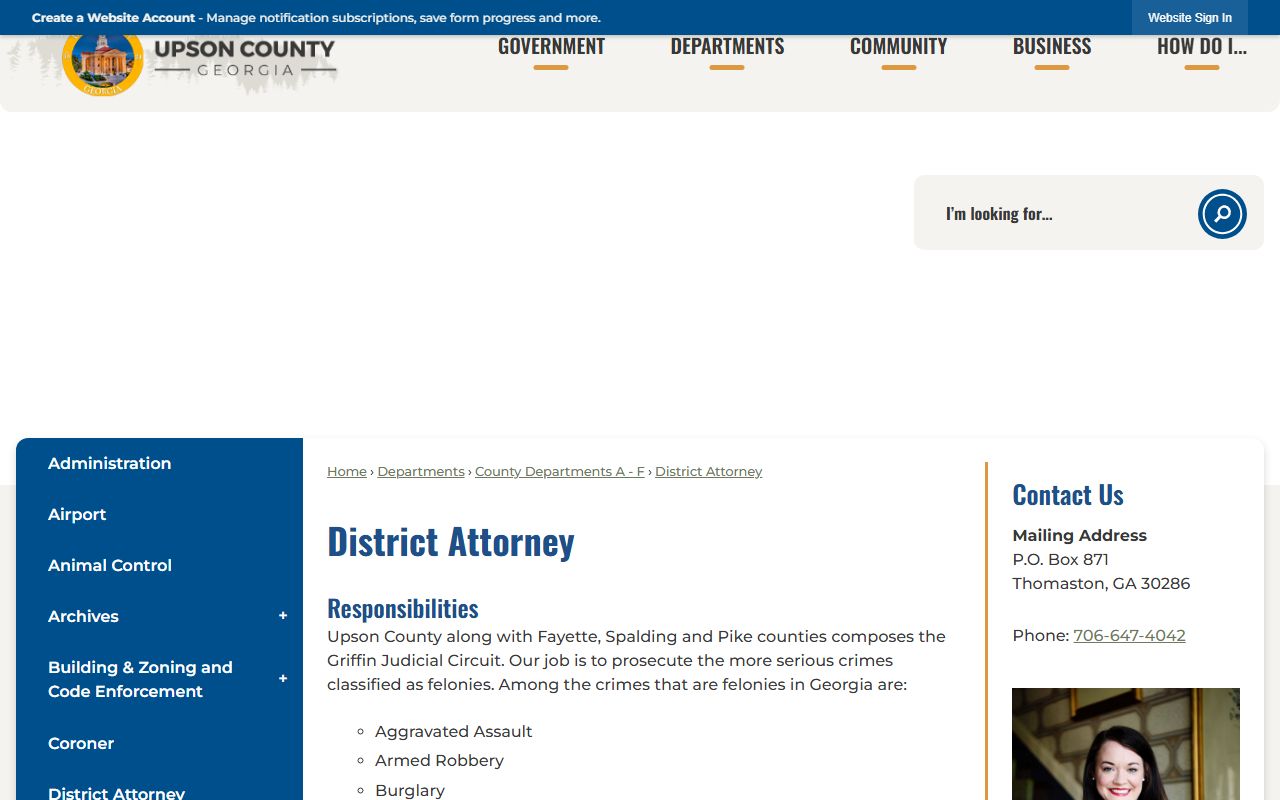 Upson County criminal court records District Attorney page